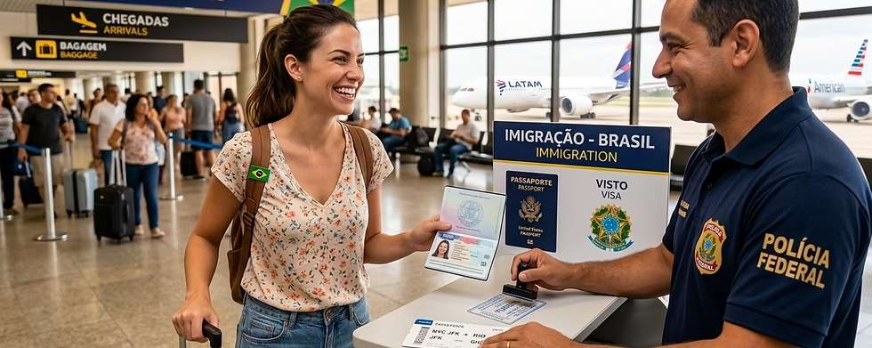 A traveler smiling as a Federal Police officer stamps her passport at a Brazilian airport