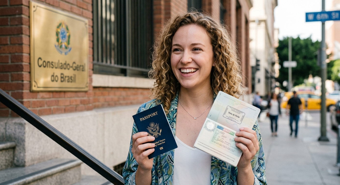A smiling traveler holding her U.S. passport and a Brazilian visa in front of the Consulate General of Brazil
