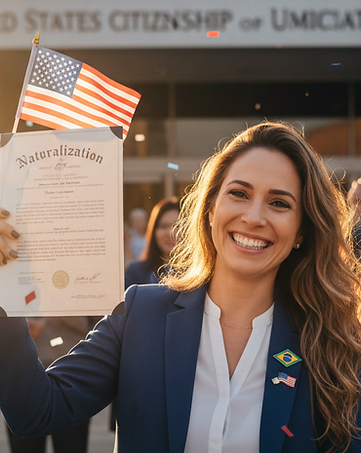 Brasileira segurando certificado de naturalização americana e bandeira dos EUA